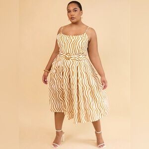 Rebdolls Mustard White Wavy Stripe Midi Dress Belt pockets plus sizes 3X